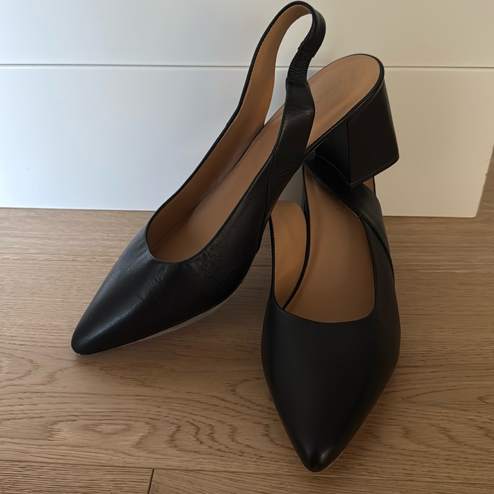 POPPY BARLEY-Black Leather-Pointed Toe-Statement Slingback-Block Heel-Sz 11-NWOB
